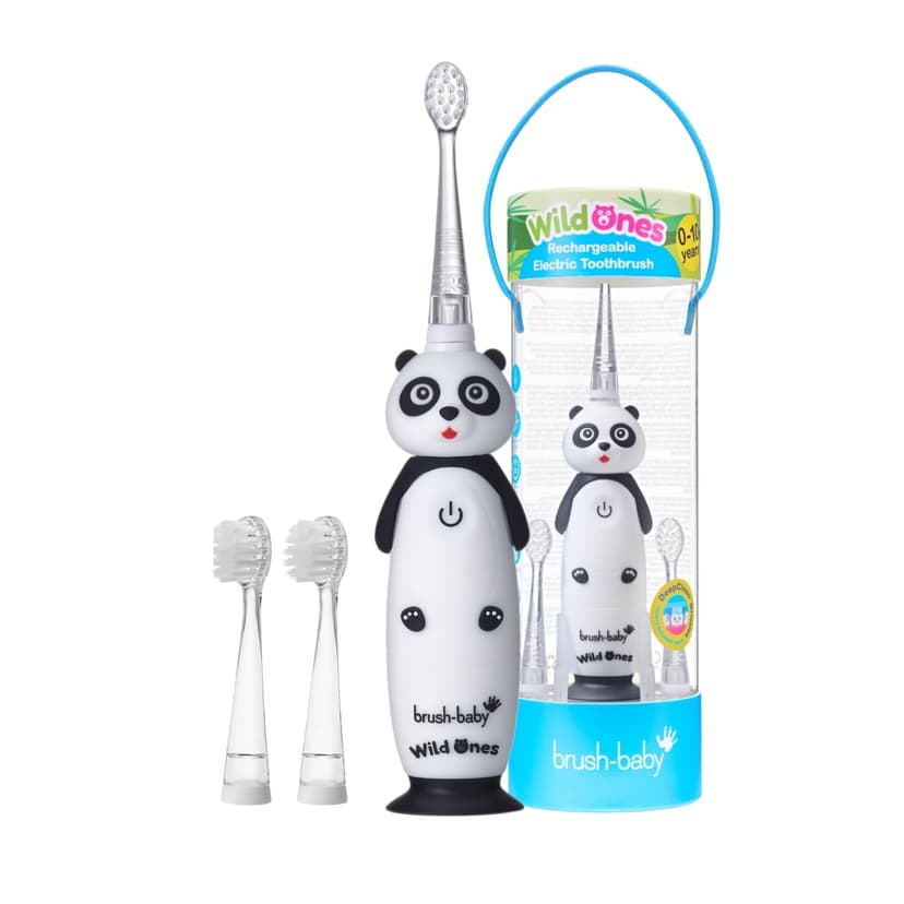 BrushBaby - WildOnes - Kids Rechargeable Electric Toothbrush, Ages 0-10 - Panda Design with Flashing Lights - DeepClean Bristles for Superior Cleaning - 2 Replacement Brush Heads, 1 USB Cable