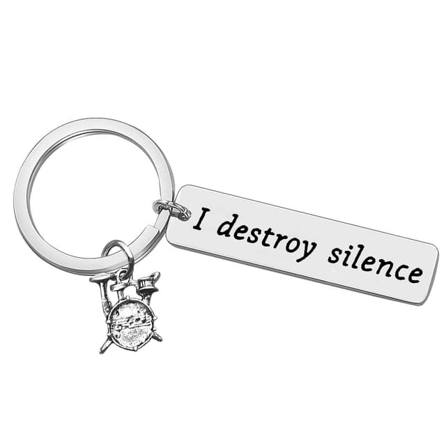 Baixian Funny Drummer Gift for Women Men Drummer Keychain I Destroy Silence Keyring Percussion Drum Kit Gifts Musician Keychain Percussion Jewelry Drum Player Band Gifts, Silver, Small
