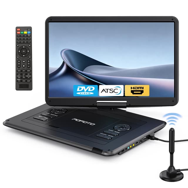 POFOTO 17.5" Portable TV/DVD Player with 15.6" HD Swivel Screen, Built-in ATSC Tuner & FM, Rechargeable Battery, Supports HDMI in/USB/Micro SD/AV Out, Multi-Disc Formats, Black