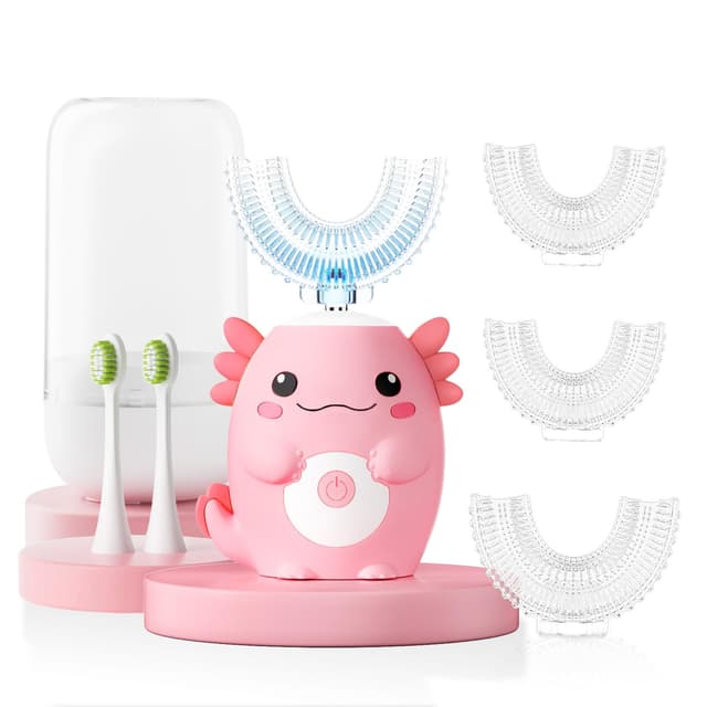 ELOTAME Kids Electric U Shaped Toothbrush - Axolotl Kids Cartoon Sonic Automatic Toothbrush with 6 Brush Heads Full Mouth 6 Cleaning Modes - Age2-15 Pink