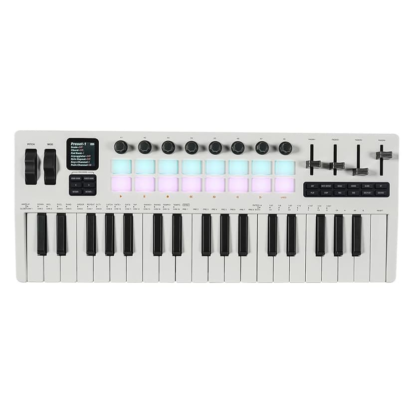 Btuty 37-Key MIDI Keyboard Controller Music Production Controller MIDI Piano Keyboard Drum Pads with 16 RGB Drum Pads 8 Knobs 4 Faders Synthesizer Engine for Music Production