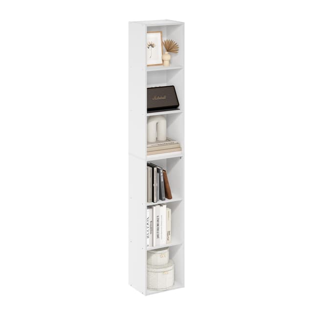 Furinno LUDER Book Shelf, 6-Tier Tall Modern Bookshelf, Bookcase with Open Shelves, 9.3 x 12 x 71, for Living Room, Bedroom, Home Office, White