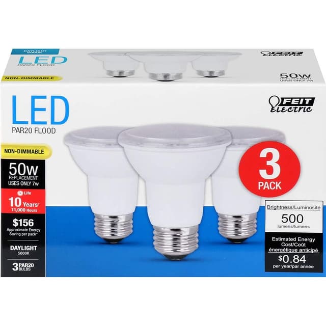 Feit Electric PAR20 LED Light Bulb, 50W Equivalent, Non-Dimmable, 5000K Daylight White, E26 Base, 500 Lumen, Indoor/Outdoor Recessed Light Bulb, 10-Year Lifetime, PAR2050/850/10KLED/3, 3-Pack