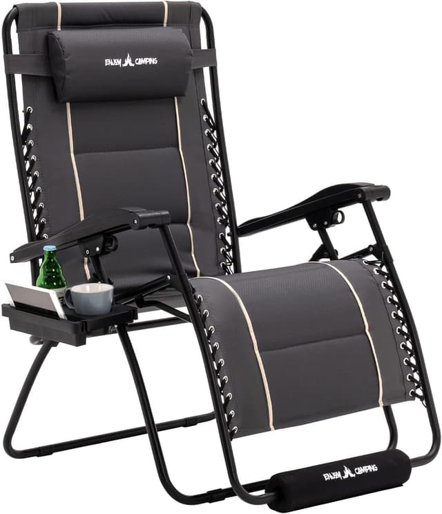 Amopatio Oversized Folding Zero Gravity Chair with Cup Holder for Outdoor&Indoor, XXL Heavy Duty Patio Reclining Lounge Chairs with Tray/Footrest/Headrest,Support 500LBS,Dark Gray