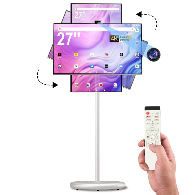 27" FHD Smart Portable TV, Rolling TV on Wheels, Android 15 OS, 6G +128GB Storage, Portable Touch Screen Monitor, 13MP Camera, Built-in Battery, 60Hz Refresh Rate, Full Swivel Rotation, Voice Remote