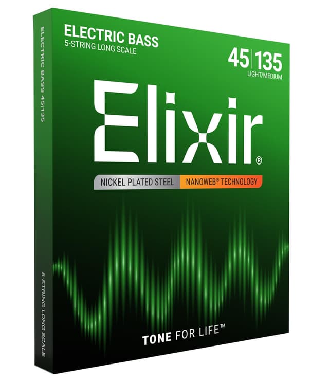 Elixir Strings, Electric Bass Guitar Strings, Nickel Plated Steel with NANOWEB Technology, Longest-Lasting Warm Tone with Comfortable Feel, 5-String Set, Long Scale, Light/Medium 45-135
