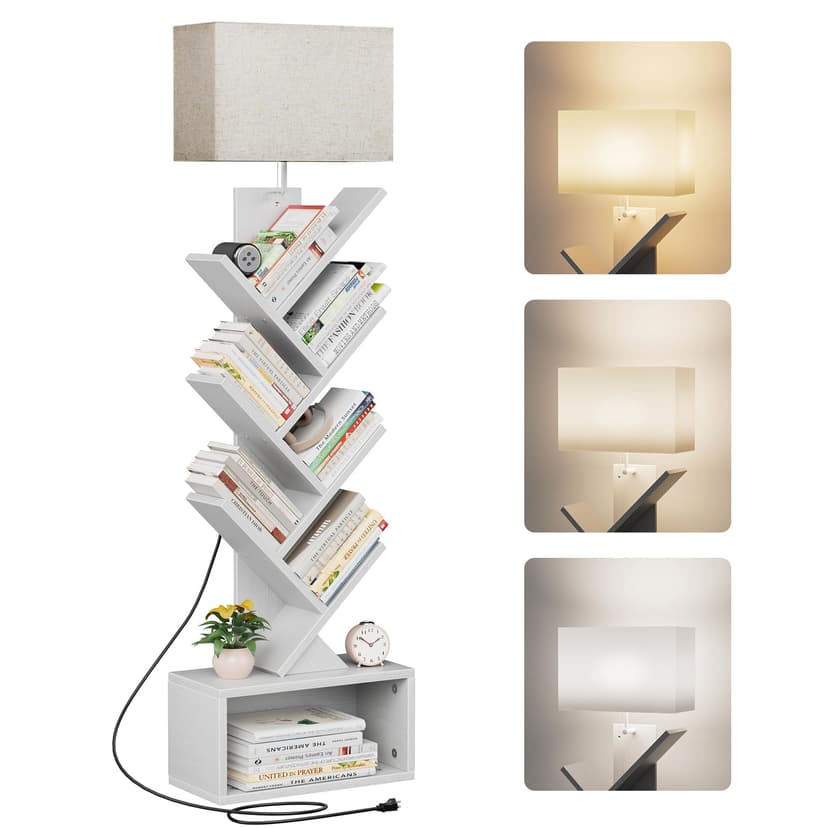 Evermagin 6 Tier Tree Bookshelf with Light, Narrow Bookcase Tower, Tall Floor Standing Book Shelf Organizer with Storage Cabinet for Living Room, Bedroom and Home Office, White