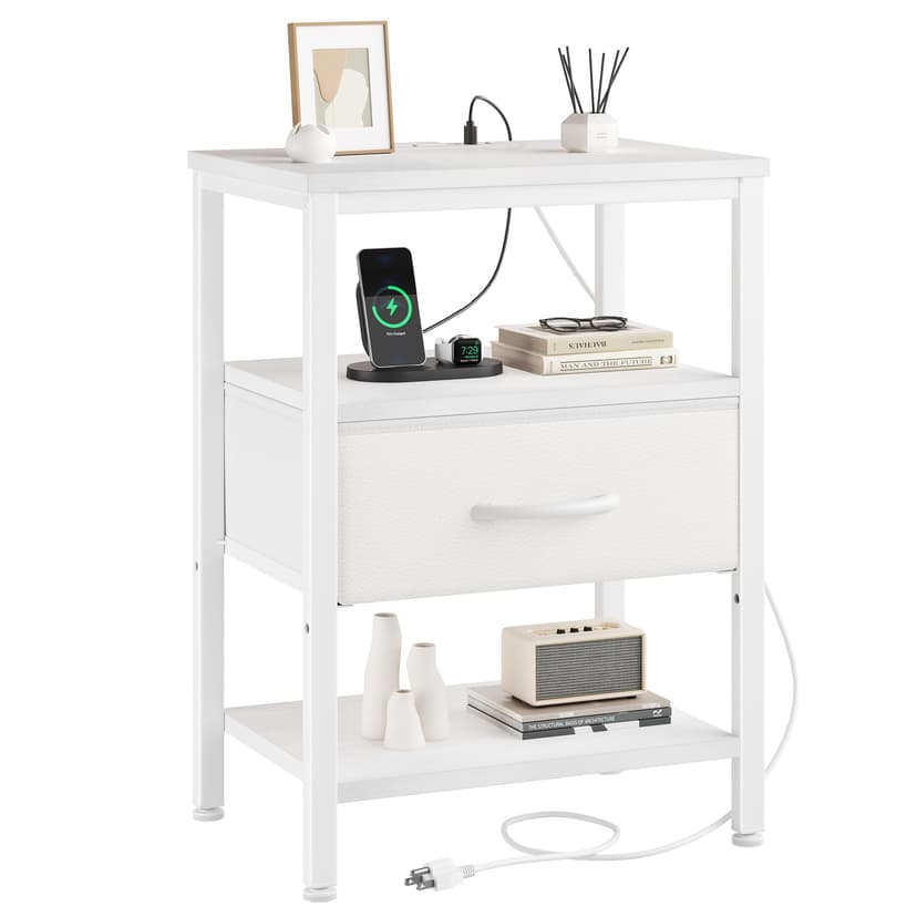 DUMOS Bedside Table with Charging Station and Adjustable Fabric Drawer Compact Nightstand 3-Tier Storage Organizer End Table for Bedroom,White