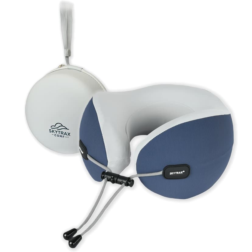 SKYTRAX COMF® Premium Ergonomic Memory Foam Travel Neck Pillow, Washable Cooling Ice Silk Cover, Firm Neck Support for Airplane Long Flights & Pain Relief, with Portable Carry Case (Navy Blue)