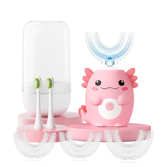 PVOGRT Kids Electric U Shaped Toothbrush - Axolotl Kids Sonic Toothbrush with 6 Brush Head Automatic 6 Cleaning Modes Full Mouth Cleaning-Pink