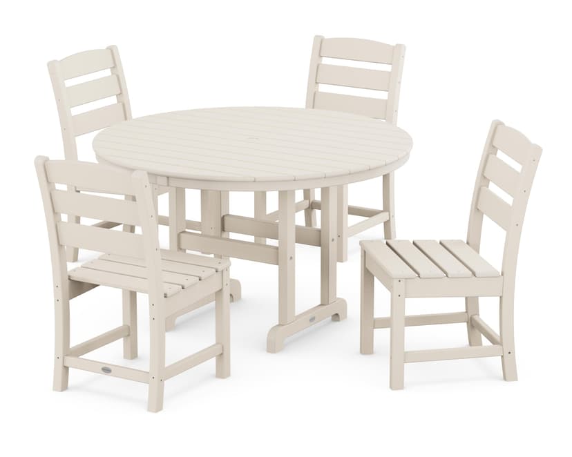 POLYWOOD Lakeside 5-Piece Round Dining Set, 48" Table with 4 Chairs, Outdoor Patio Furniture, Recycled Plastic, Fade-Proof All-Weather, Sand
