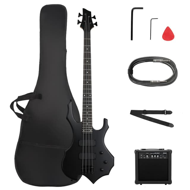 Ktaxon Electric Bass Guitar Full Size Flame Design Bass Set with 20 Watt Amplifier, Portable Bass Bag, Superior Amp Wire, Adjustable Guitar Strap, Plectrum, Wrench Tool(Matte Black)