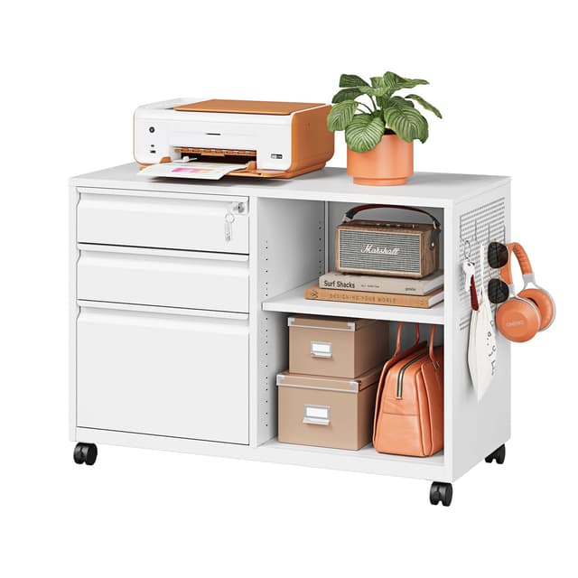 LISSIMO 3 Drawer Metal File Cabinet with Lock, Mobile Lateral Filing Cabinet with Side Hook for Letters/Legal/A4, Printer Stand Storage Cabinets with Shelves for Home Office(White)