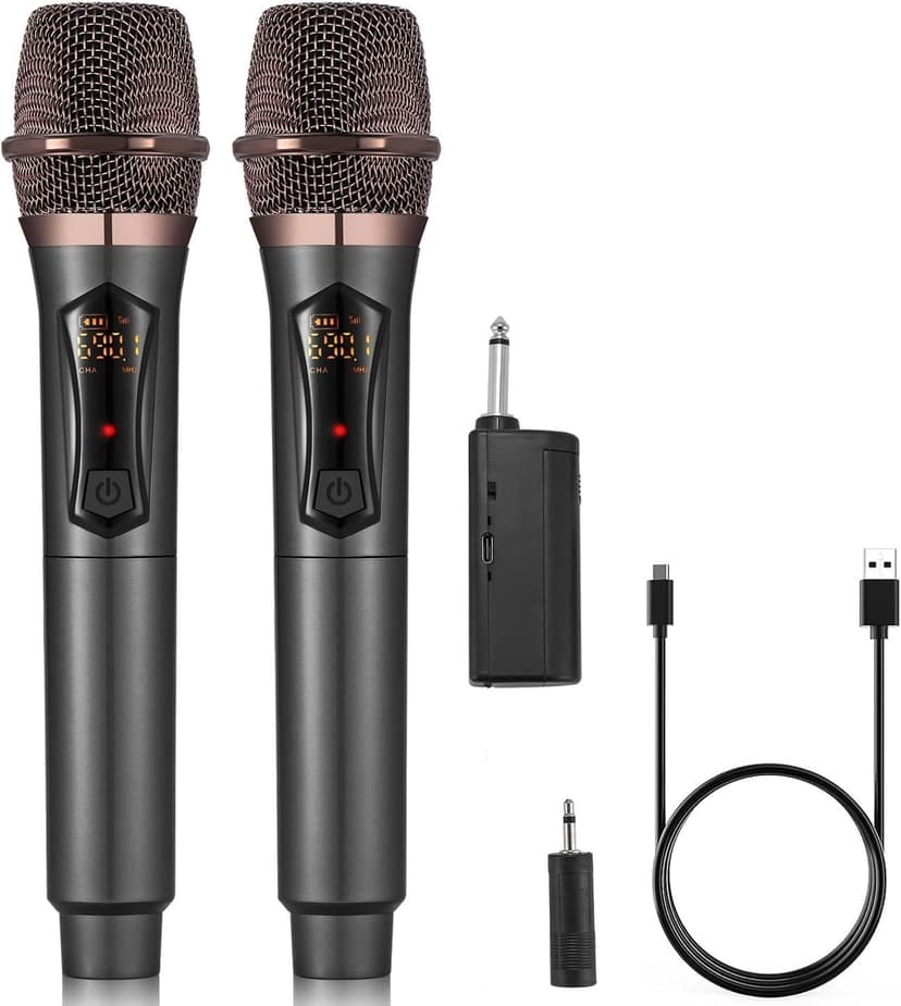 ALPOWL Wireless Microphones, Metal Dynamic Microphone System with Rechargeable Receiver, 50H Duration, 200ft Range, Microphone for Karaoke Singing, Wedding, DJ, Party, Speech, Church