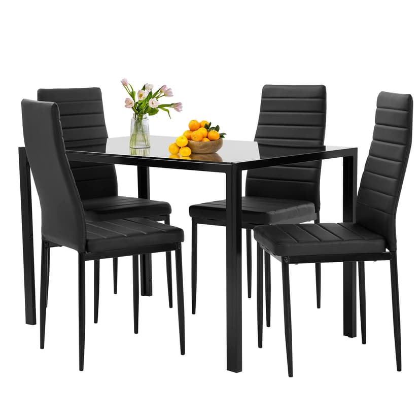 FDW | 5-Piece Dining Table Set | Black | Glass Kitchen Table with 4 Upholstered Chairs and Faux Leather Cushions | Space-Saving and Modern Design | for Dining Room, Easy to Assemble