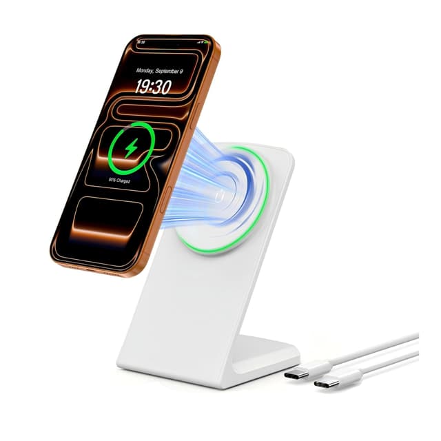 Mag Safe Charger Stand for iPhone: Qi-Certified Fast Magnetic Wireless Charging Station for iPhone 17/16/15/14/13/12 Series (Lunar White)
