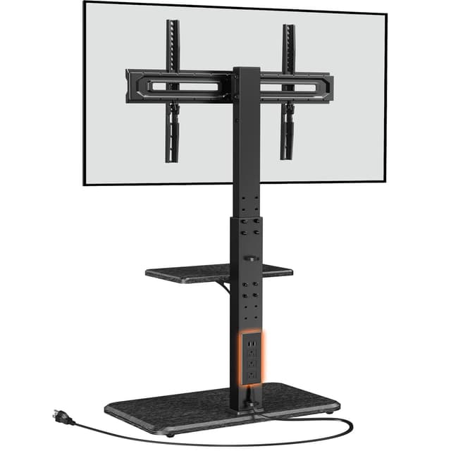 Perlegear Floor TV Stand with Power Outlet, Universal TV Stand for 32-75 inch TVs up to 110 lbs, Height Adjustable Standing TV Mount, Tall TV Mount with Wood Base, Max VESA 600x400mm, PGFS06