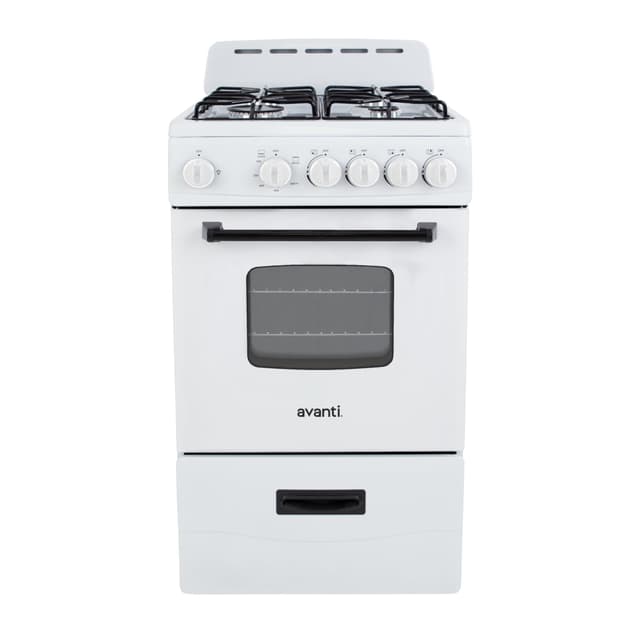 Avanti Gas Range Oven, Compact Freestanding Design, 4 Sealed Burners with Electronic Ignition, 2.1 Cu.Ft. Capacity Features Framed Glass Door Storage Drawer Broiler and Accessories, 20-Inch, White