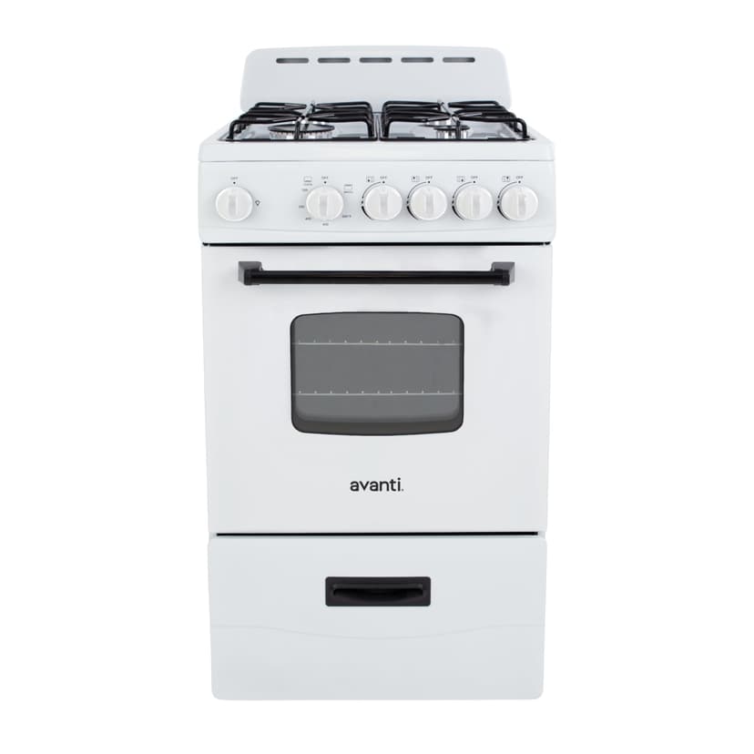 Avanti Gas Range Oven, Compact Freestanding Design, 4 Sealed Burners with Electronic Ignition, 2.1 Cu.Ft. Capacity Features Framed Glass Door Storage Drawer Broiler and Accessories, 20-Inch, White