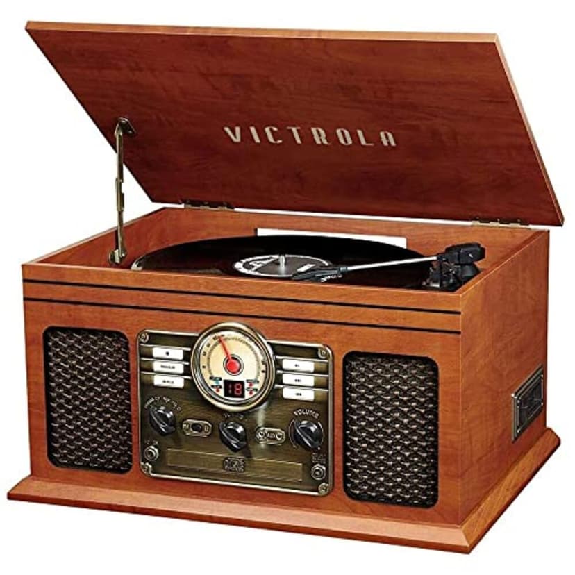 Victrola The Quincy 6-in-1 Bluetooth Record Player & Multimedia Center with Built-in Speakers – 3-Speed Turntable, CD & Cassette Player, AM/FM Radio, Wireless Music Streaming (Mahogony)