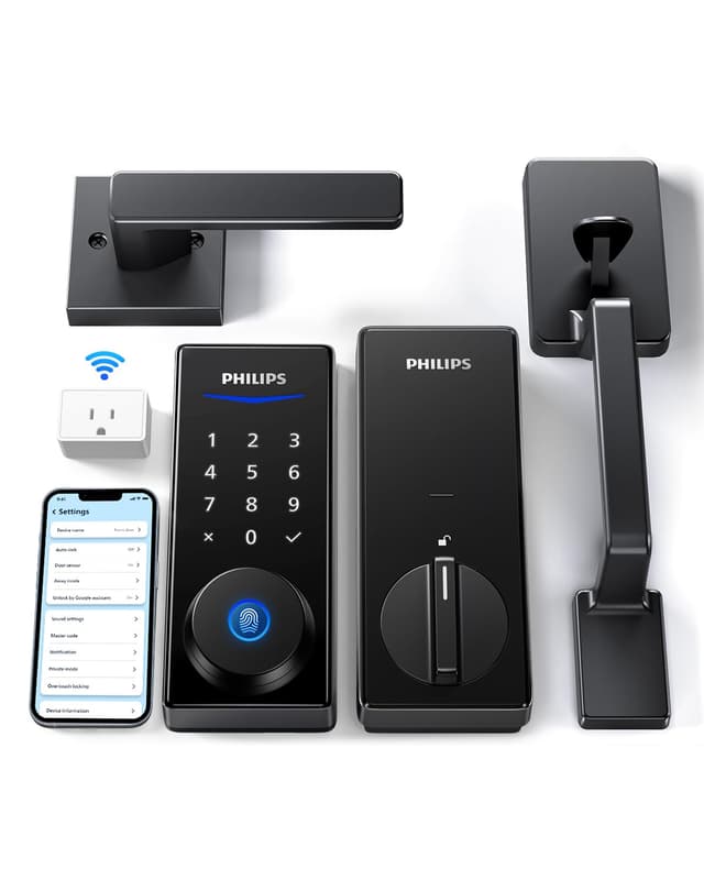 Philips Wi-Fi Smart Lock with Handle, Keyless Entry Keypad Door Lock with Handle, Front Door Deadbolt Set with WiFi Gateway, App Control, Fingerprint Unlock, PIN Code Unlock, Auto Locking