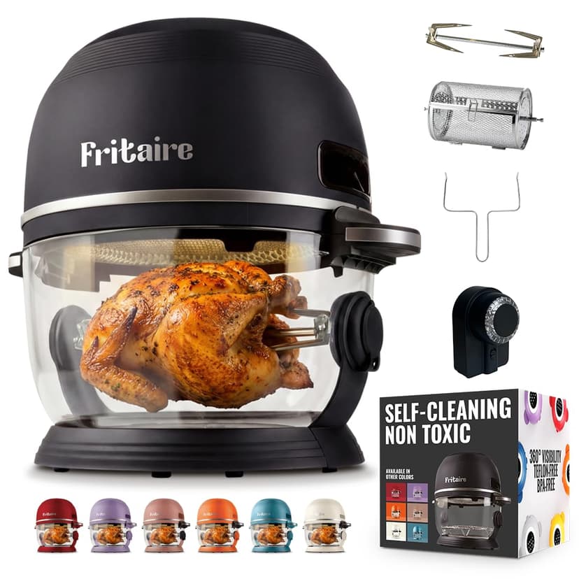 Non Toxic Air Fryer™ Pro | 9-in-1 Glass Air Fryer | Self-Cleaning | 5 Quart | Rotisserie and Tumbler | 400F Vortex For Even Cooking, BPA-Free Teflon Free, Recrisp, Roast, Bake, Black