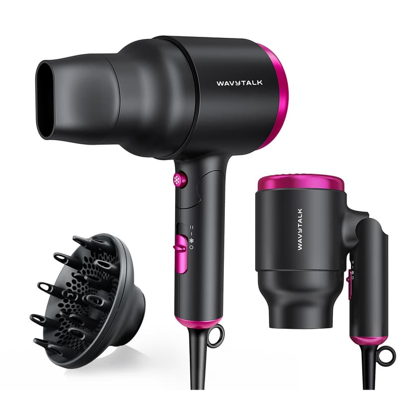 Wavytalk Hair Dryer with Diffuser, Foldable Hair Blow Dryer, 1600W Lightweight Diffuser Hair Dryer for Curly Hair, Black