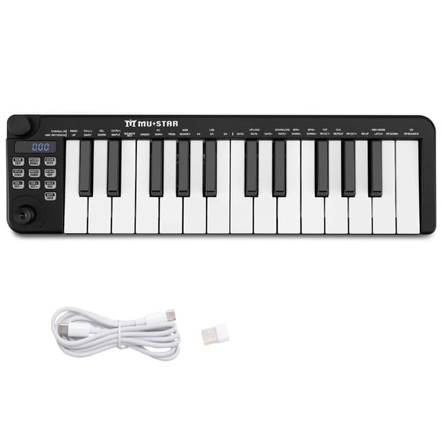 Mini MIDI Keyboard, 25 Key MIDI Controller for Beginner with Dual-Channel Keyboard, Knob, Joystick, Built-in MIDI Clock, LED Display