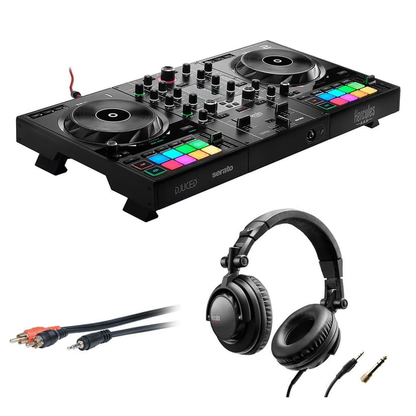 Hercules DJControl Inpulse 500 DJ Software Controller with Hercules HDP DJ45 Over-Ear Headphones & Mini to 6' RCA Cable Bundle