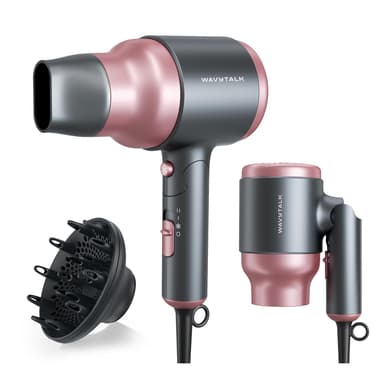 Wavytalk Portable Hair Dryer with Diffuser, Foldable Mini Hair Dryer with Lightweight Design, 1600W Small Hair Blow Dryer with Diffuser for Curly Hair Fast Drying, Rose Pink