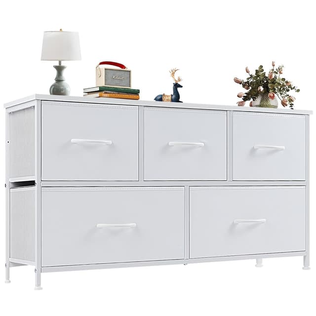 OLIXIS Dresser for Bedroom with 5 Drawers, Wide Chest of Drawers, Fabric Bedroom Dresser with Drawer Organizers, Storage Organizer Unit with Fabric Bins for Closet, Living Room, Hallway, Classic White