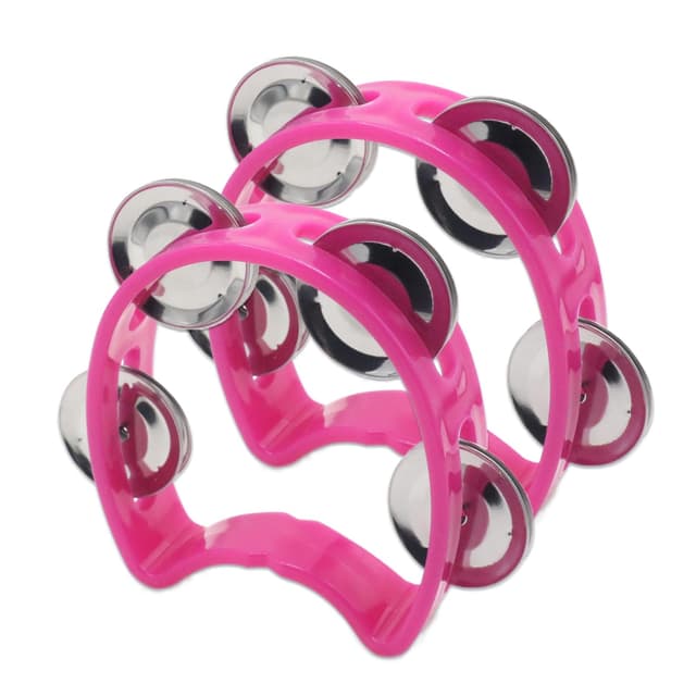 Cheerock 2-Pack Plastic Percussion Handheld Tambourines with 4 Jingle Bells, Pink Mini Rhythm Instruments for Practice, Rehearsal and Performance