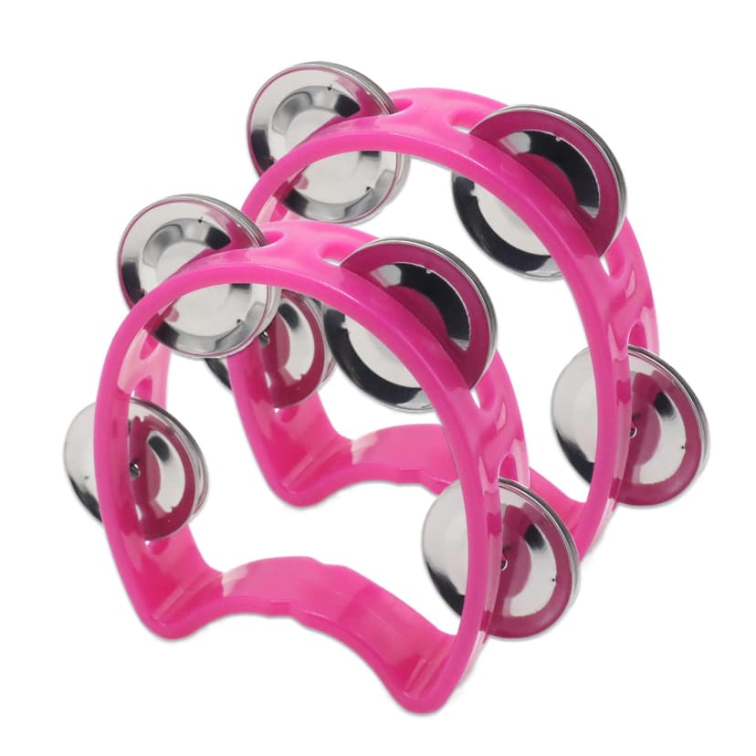 Cheerock 2-Pack Plastic Percussion Handheld Tambourines with 4 Jingle Bells, Pink Mini Rhythm Instruments for Practice, Rehearsal and Performance