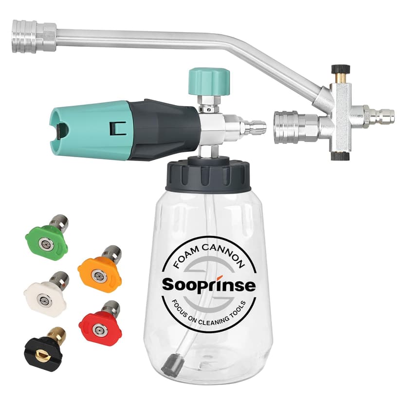 Sooprinse Pressure Washer Foam Cannon with Dual Connector Accessory, Power Washer Soap Cannon with Double Tip Attachment, 5 Power Washer Nozzle Tips, 1/4" Quick Connect, 4000 PSI