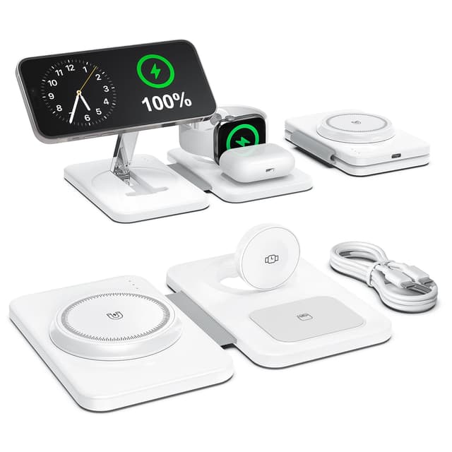 3 in 1 Magnetic Wireless Charger for Apple Multiple Devices, Foldable Fast Charging Station - Magsafe Charger Stand, Travel Charger Pad for iPhone 17 16 15 14 13 12 Series/Apple Watch/AirPods Pro