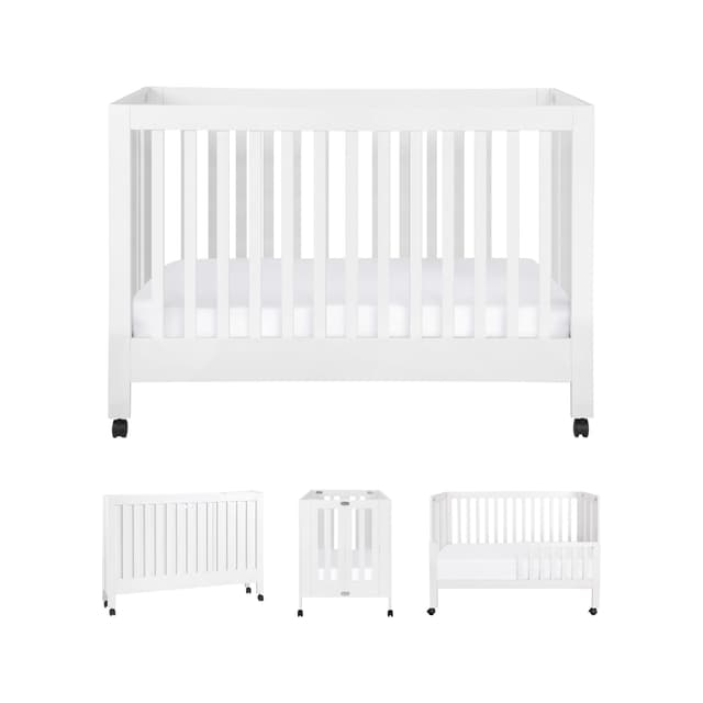 Babyletto Maki Full-Size 2-in-1 Portable Folding Crib with Toddler Bed Conversion Kit in White, Greenguard Gold Certified