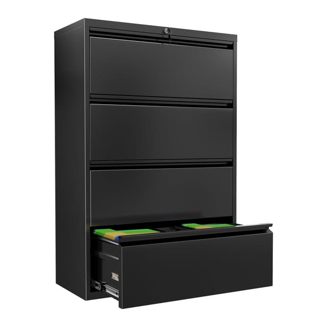 INTERGREAT 4 Drawer File Cabinet, Lateral File Cabinet with Lock, Metal Office Filing Cabinet with Adjustable Frame for Legal, Letter, A4 Files, Fast Assembeld, Black
