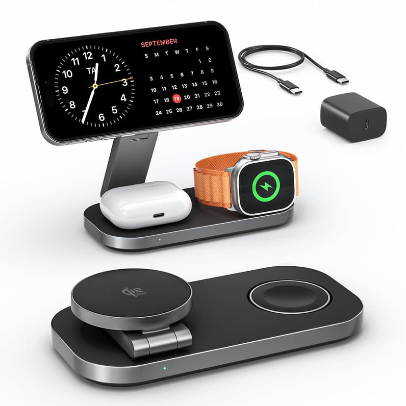 3-in-1 Charging Station for Apple Device, Qi2 25W Certified Magnetic Wireless Foldable Fast Charger Stand Compatible with MagSafe for iPhone Air/17/16/15/14/13/12 Series, Apple Watch & AirPods