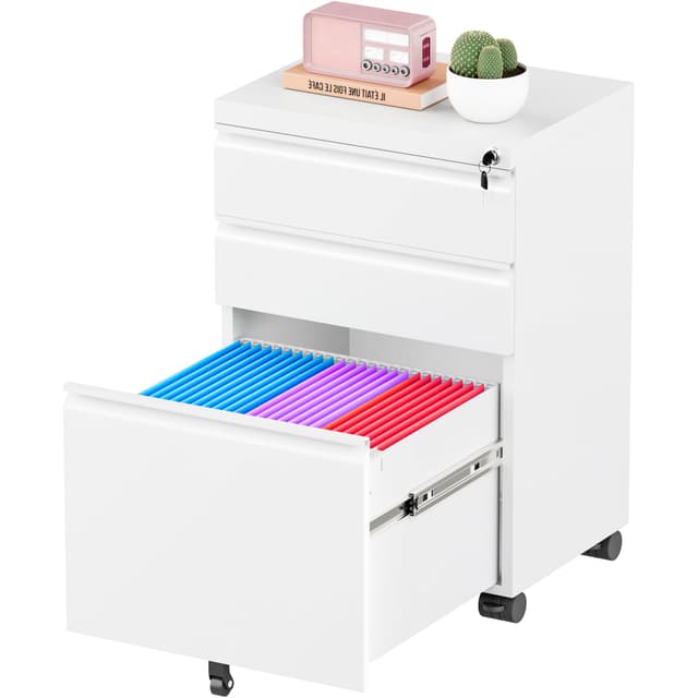 Greenvelly 3 Drawer Mobile File Cabinet with Lock, Fully Assembled Rolling File Cabinet Except Casters, Under Desk File Cabinet with Wheels for Home Office Fit Legal/Letter/A4 File (Assembled, White)