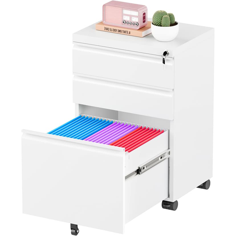 Greenvelly 3 Drawer Mobile File Cabinet with Lock, Fully Assembled Rolling File Cabinet Except Casters, Under Desk File Cabinet with Wheels for Home Office Fit Legal/Letter/A4 File (Assembled, White)