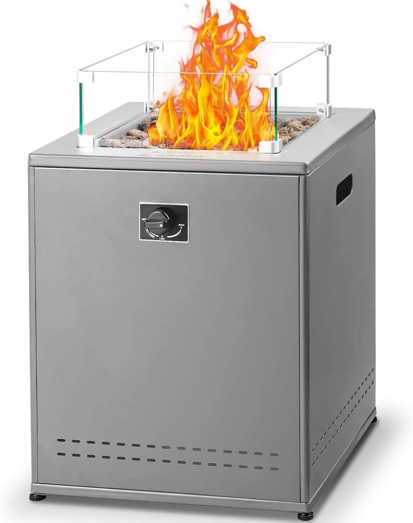 20" Square Smokeless Propane Fire Pit Table, 50,000 BTU Portable Outdoor Patio Heater with Lava Rocks, Glass Wind Guard & Cover for Deck, Backyard, Garden, Camping (Black)