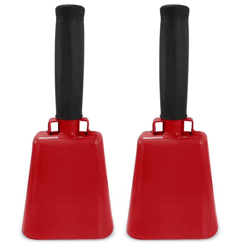 Deke Home - 2 Pack 7 Inch Steel Cowbells with Handle, Loud Noise Makers for Football, Sports, Parties, Competitions, School Spirit & Safety, Large Hand Bell for Cheering & Percussion Instrument