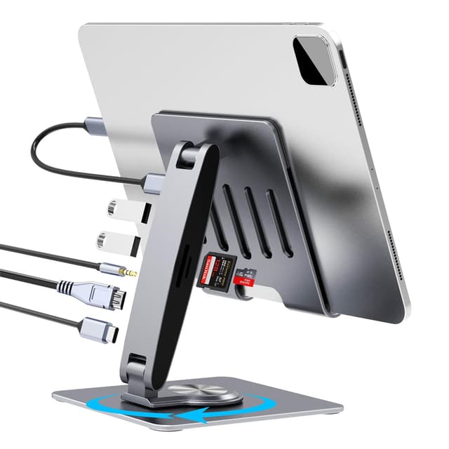 Adjustable Tablet Stand with USBC Hub 7-in-1, Aluminum Tablet Holder with Docking Station, 360° Swivel Base, 4K HDMI, 100W PD Charging, USB 3.0, SD/TF Reader, 3.5mm Audio, for iPad with USB-C Port