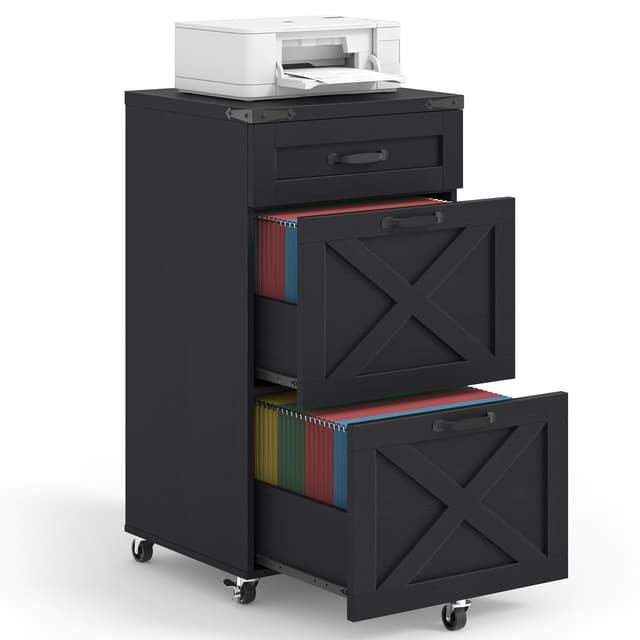 Halitaa 3 Drawer Small File Cabinet with Wheels, Farmhouse Vertical Filing Cabinet Fits Letter/A4 Size, Rolling File Cabinets Wooden Printer Stand for Home Office, Rustic Black