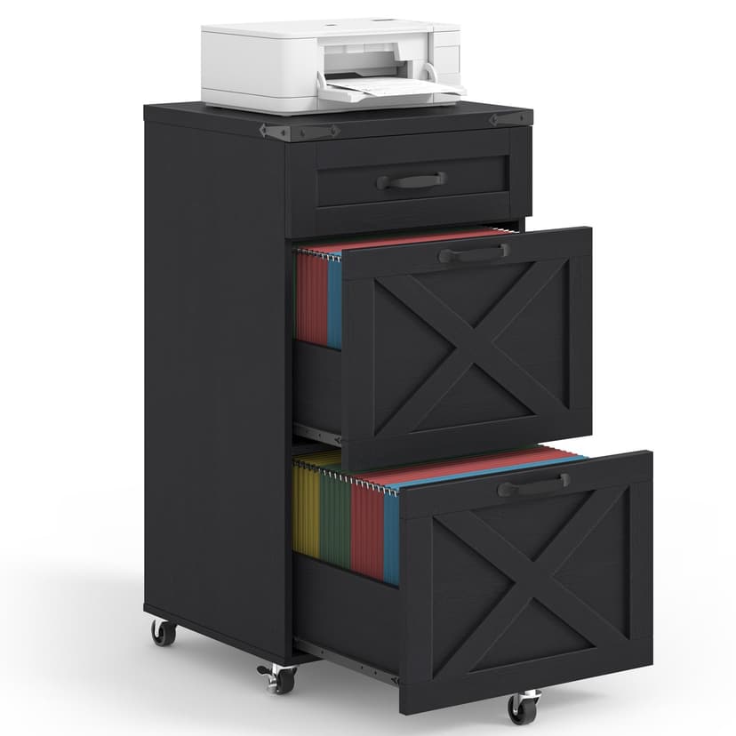 Halitaa 3 Drawer Small File Cabinet with Wheels, Farmhouse Vertical Filing Cabinet Fits Letter/A4 Size, Rolling File Cabinets Wooden Printer Stand for Home Office, Rustic Black