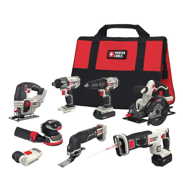 PORTER-CABLE 20V MAX 8-Tool Combo Kit Cordless Drill and Impact Driver, Circular and Reciprocation Saw, Jigsaw, Orbital Sander, Oscillating Tool, Flashlight (PCCK6118)