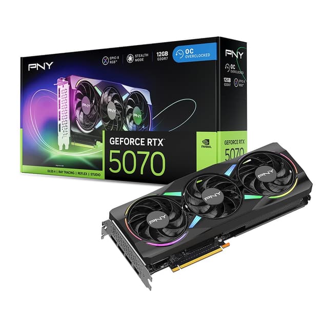 PNY NVIDIA GeForce RTX™ 5070 Epic-X™ ARGB OC Triple Fan, Graphics Card (12GB GDDR7, 192-bit, Boost Speed: 2685 MHz, SFF-Ready, PCIe® 5.0, HDMI®/DP 2.1, 2.4-Slot, Blackwell Architecture, DLSS 4)