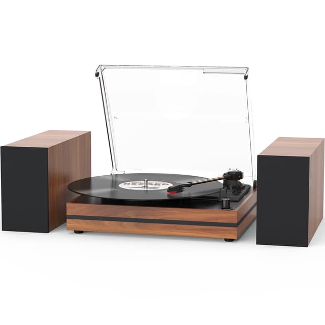 Vintage Record Player with External Speakers Belt-Drive Turntable for Vinyl Records Dual Stereo Speakers LP Players Support 3 Speed 3 Size Wireless Playback AUX Headphone Input Auto Stop Wood Red