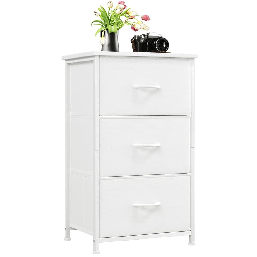 Somdot Dresser for Bedroom with 3 Drawers, Storage Organizer Chest of Drawers with Removable Fabric Bins for Closet Bedside Living Room Laundry Entryway Hallway, White Leather
