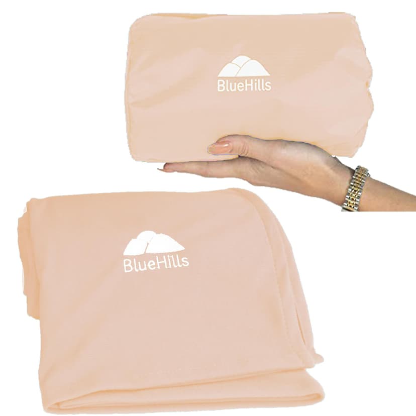 BlueHills Ultra Compact Travel Blanket Pillow for Airplane Traveling Essential Long Flight Trip Throw in Bag Portable Case Large Plane Accessories Beige - C007